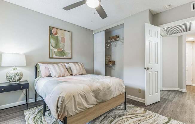 Bedroom with a bed and a ceiling fan at The Atlantic Preserve, Plantation, FL 33322