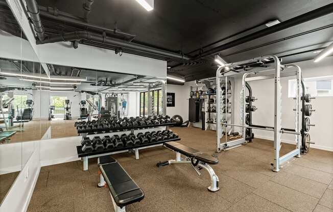 A gym with a bench, weights, and exercise equipment.