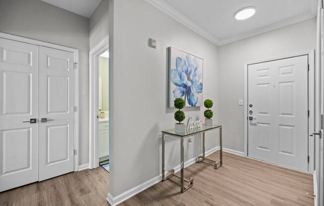 a hallway with white doors and a table with plants