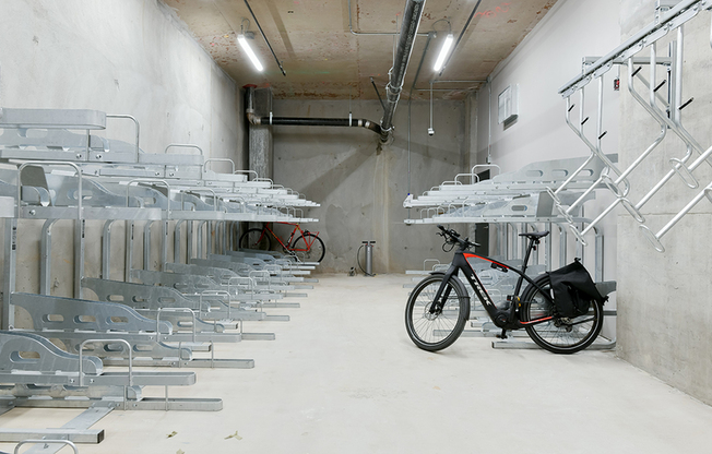 Bike-friendly living with on-site bicycle storage and repair station
