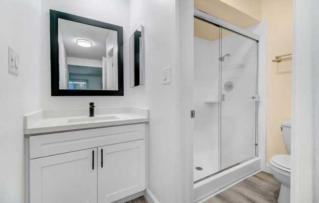 A bathroom with a sink, mirror, and shower.