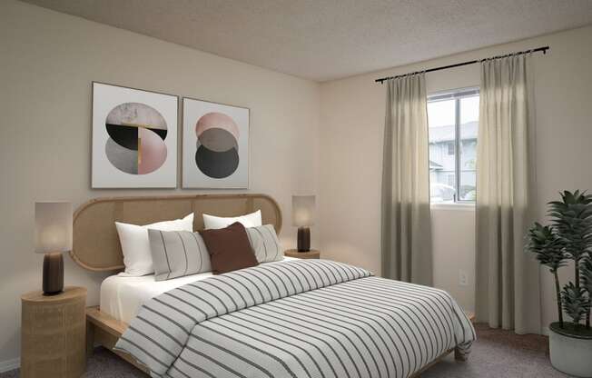 a bedroom with a bed with a white comforter