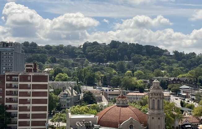 a cityscape with buildings and trees in the background