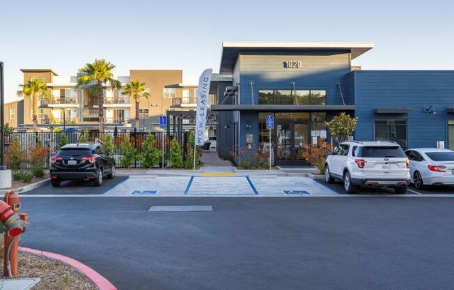 a parking lot in front of a building