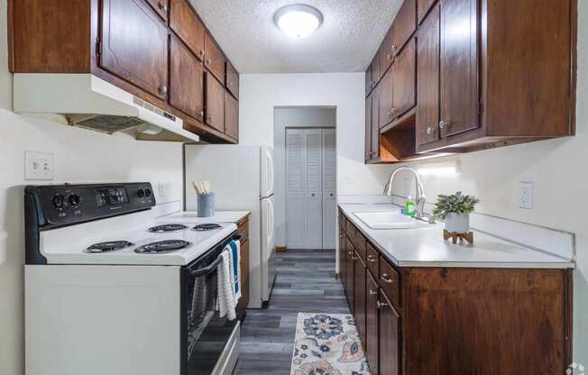 a kitchen with a stove and a sink and a refrigerator