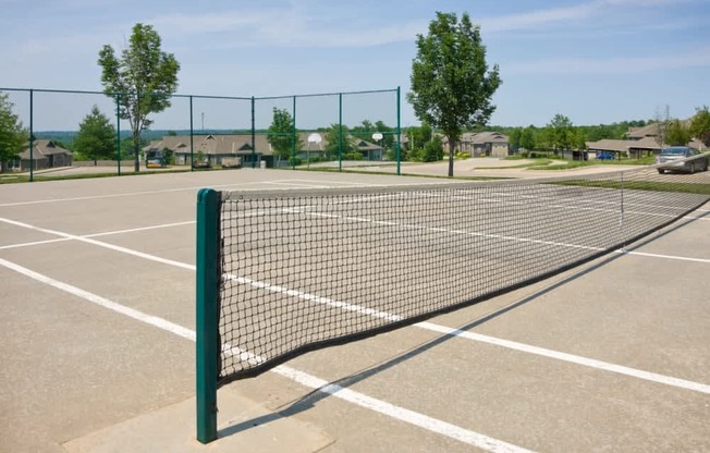 A tennis court with a green net and white lines.