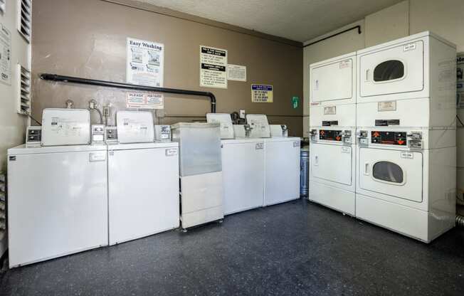 a row of washers and dryers in a utility room