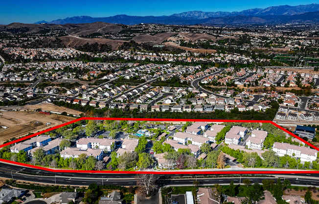 A red outlined area in a residential neighborhood.