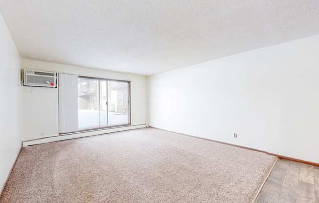 a bedroom with a sliding glass door and a carpeted floor