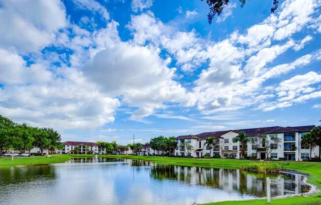 a body of water with apartment buildings on the other side of it