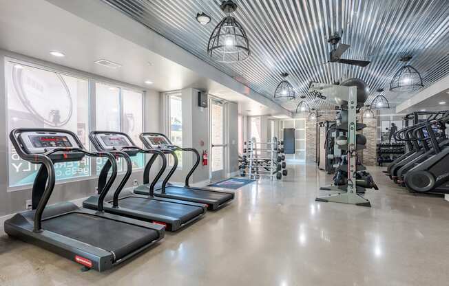 A gym with treadmills and other exercise equipment.