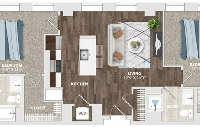2 beds, 2 baths, 930 sqft, $2,200, Unit HA-703