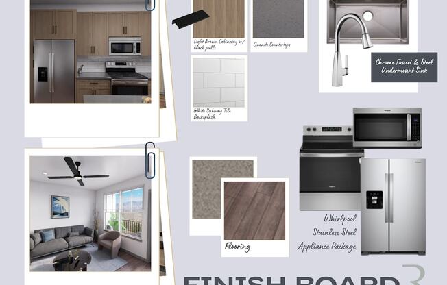 A collage of images showcasing kitchen and living room designs with text indicating various finishes and products.
