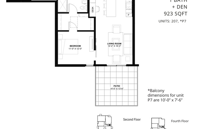 1 bed, 1 bath, 923 sqft, $2,195, Unit P7