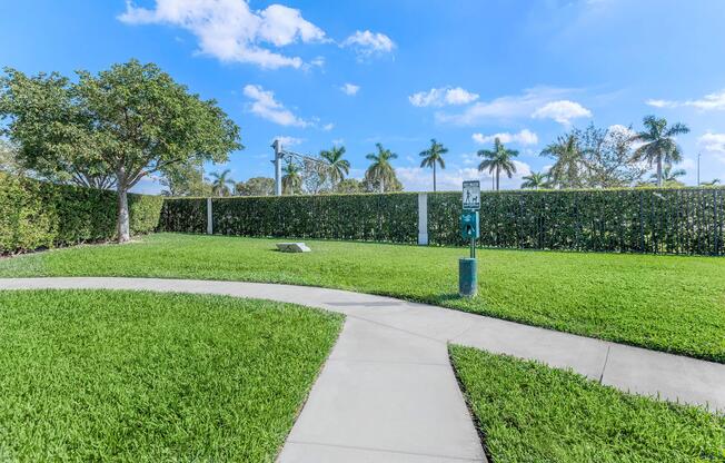 A landscaped area featuring a curved walkway, vibrant green grass, and a tall tree on the left. In the background, a well-maintained hedge lines the area, with several palm trees visible against a blue sky with scattered clouds.