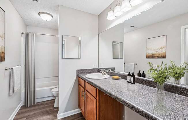 A bathroom with a granite countertop and a shower with a grey curtain.