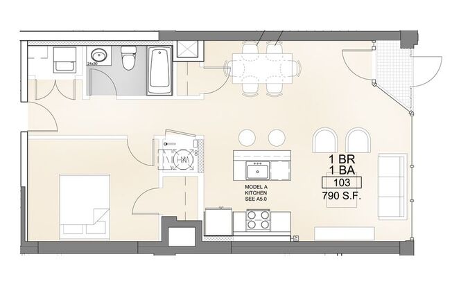 1 bed, 1 bath, 790 sqft, $1,135, Unit 103