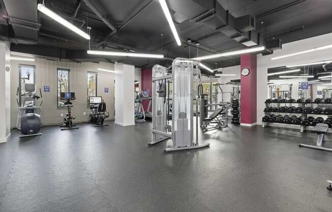Newly Renovated Fitness Center at Aurora Apartments, North Bethesda, MD