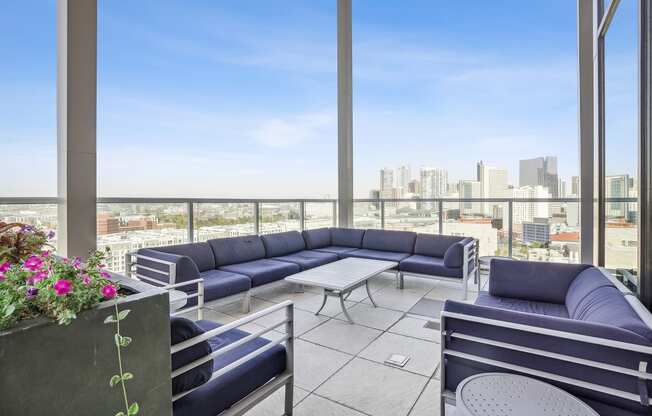 Relax on the patio while taking in views of Denver and the Rocky Mountains