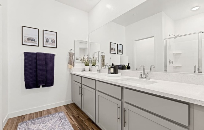 A bathroom with two sinks and a large mirror.