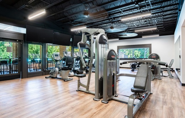 the gym is equipped with state of the art equipment including cardio machines and weights