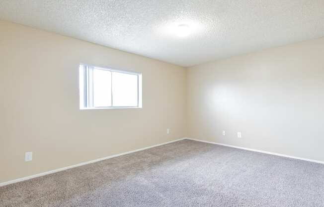 an empty room with carpet and a window