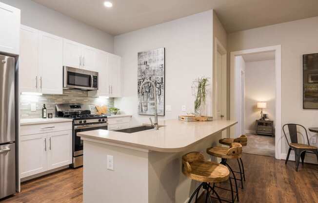 a kitchen with custom cabinetry and stainless steel appliances at Tinsley on the Park apartments