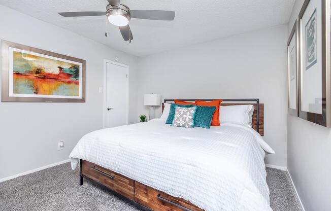 a bedroom with a bed in a room