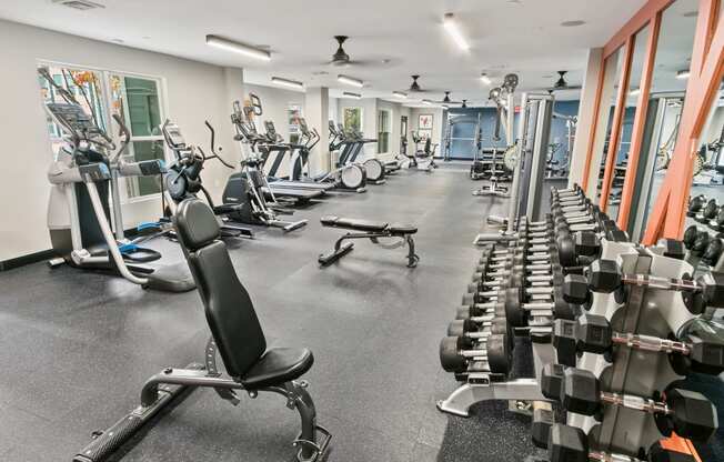 a gym with cardio equipment and weights on the floor