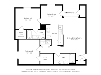 2 beds, 2 baths, 1,107 sqft, $1,344