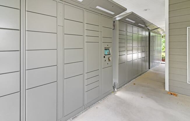 a row of lockers in a hallway of a building