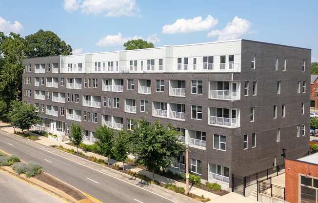an aerial view of an apartment building on a city street at Grand Flats, St. Louis, MO