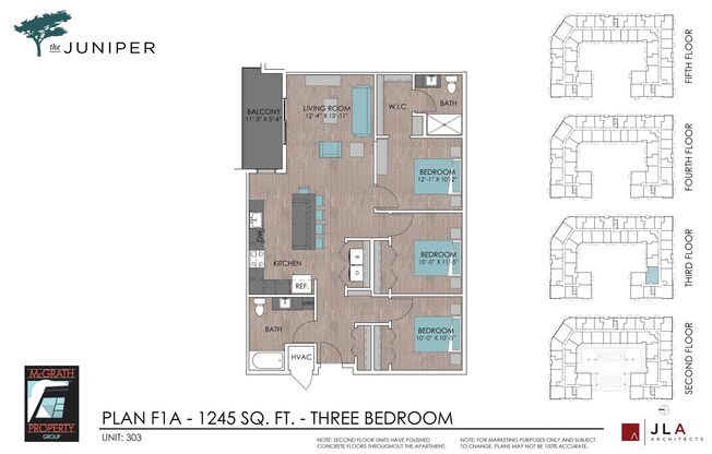 3 beds, 2 baths, 1,245 sqft, $2,225, Unit 303