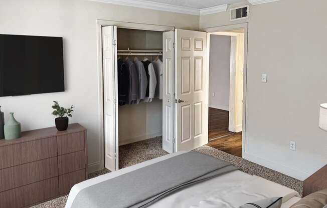 a bedroom with a bed and a closet with a door open
