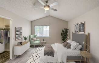 an open bedroom with a large bed and a ceiling fan