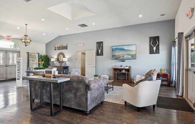 a living room with a couch and a table