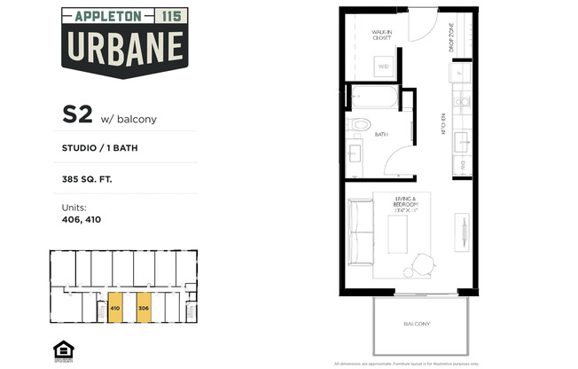 Studio, 1 bath, 392 sqft, $1,225, Unit 410