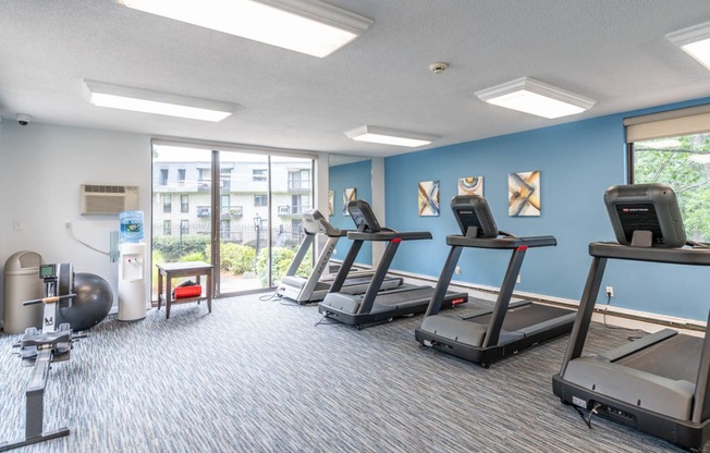 a gym with cardio equipment and a large window