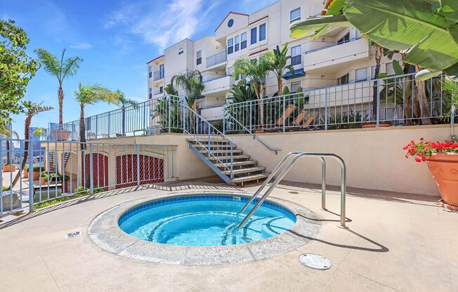 a pool next to a building