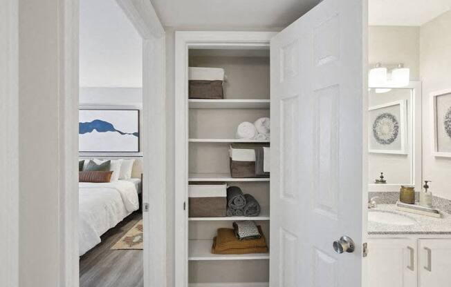 a bathroom with a closet with shelves and a bed