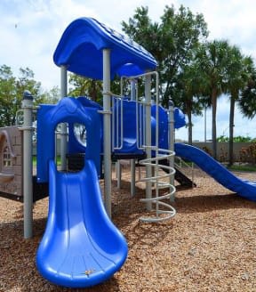 a blue playground with a slide and monkey bars