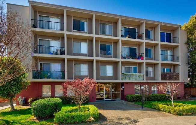 Building with balconies at Three Crown Apartments, Alameda, California