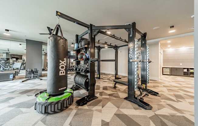A gym with a punching bag and weightlifting equipment.