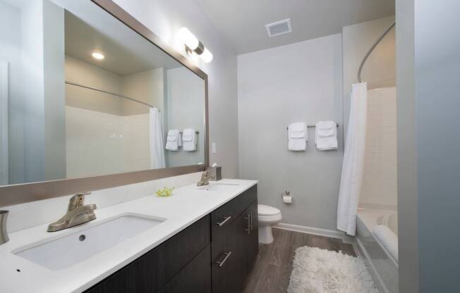 Bathrooms with quartz countertops, dual vanities and framed mirrors