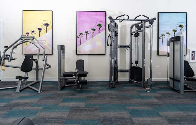 a fitness room with cardio equipment and paintings on the wall