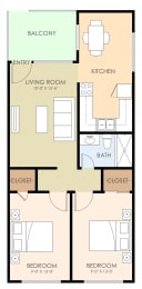 Two Bedroom One Bath Floor Plan at Ranchero Plaza, California, 95117