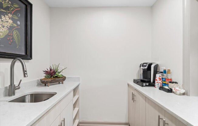 A kitchen with a sink, a coffee maker, and a framed picture on the wall.