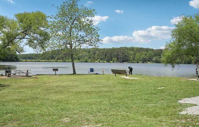 Sweetwater creek state park- grills, people fishing and sitting on benches.
