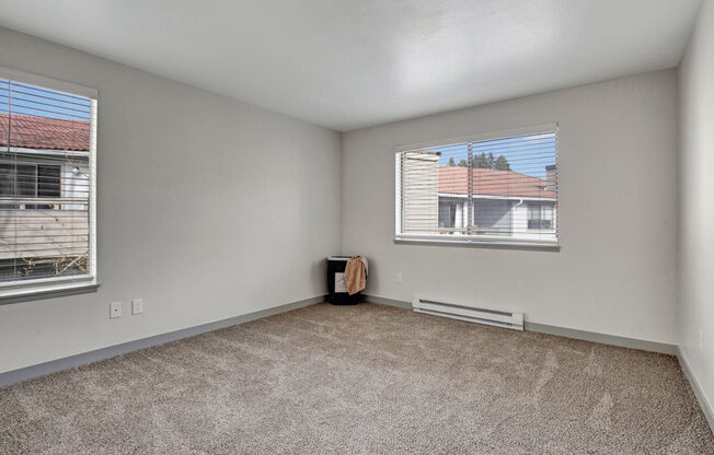 a bedroom with two windows and a carpeted floor