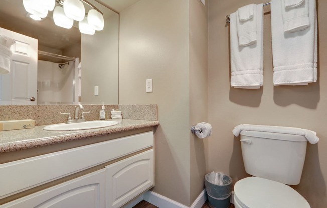 Bathroom with single vanity, track lights in the mirror